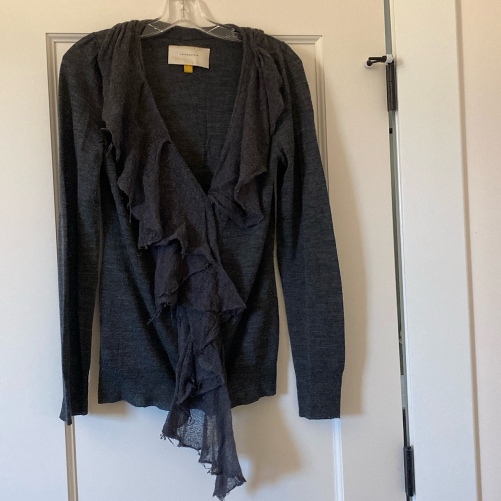 Grey cashmere ruffle front cardigan